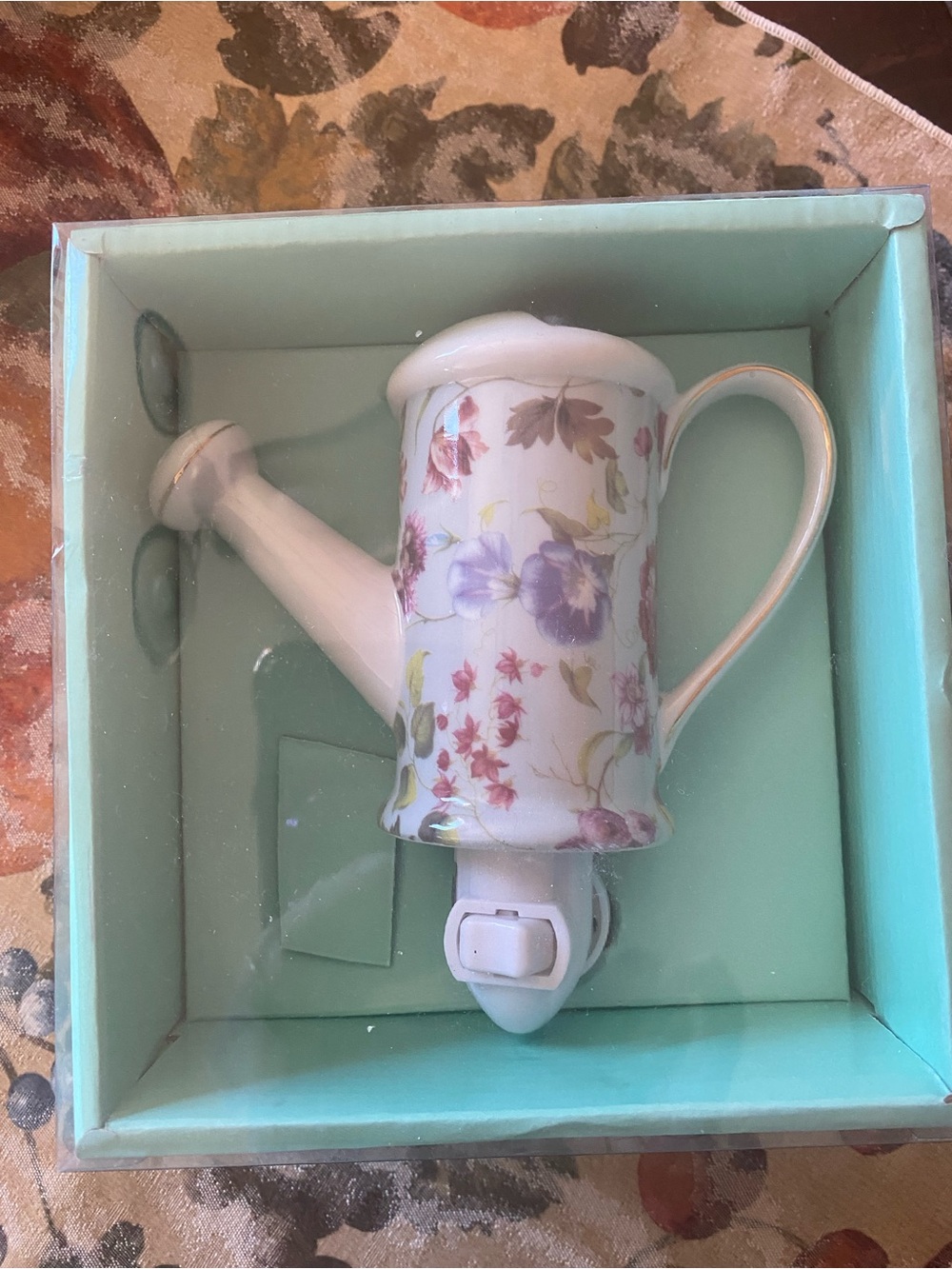 Floral Ceramic Watering Can Night Light - White with Multi-Color Floral Print